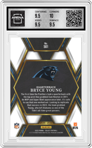 Bryce Young from the 2022 Panini Select set graded by Arena Club and given an overall grade of 10.