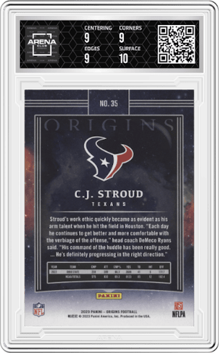C.J. Stroud from the 2023 Panini Origins set graded by Arena Club and given an overall grade of 9.5.
