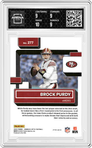 Brock Purdy from the 2022 Panini Donruss Optic set featuring a Red Hyper parallel graded by Arena Club and given an overall grade of 9.5.
