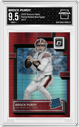 Brock Purdy from the 2022 Panini Donruss Optic set featuring a Red Hyper parallel graded by Arena Club and given an overall grade of 9.5.
