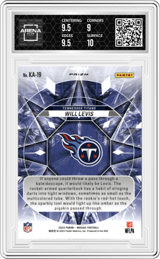 Will Levis from the 2023 Panini Mosaic set graded by Arena Club and given an overall grade of 9.5.