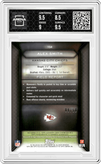 Alex Smith from the 2015 Topps Field Access set featuring a Green parallel graded by Arena Club and given an overall grade of 9.