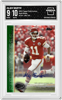 Alex Smith from the 2015 Topps Field Access set featuring a Green parallel graded by Arena Club and given an overall grade of 9.