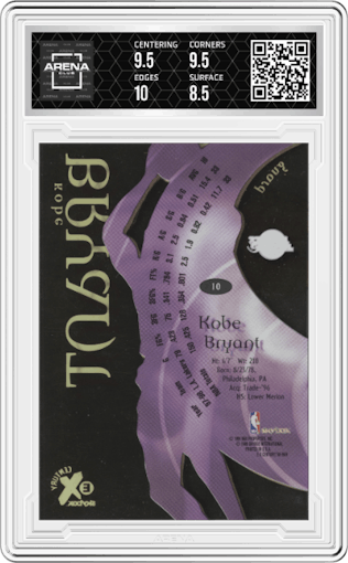 Kobe Bryant from the 1998-99 Skybox E-X Century set graded by Arena Club and given an overall grade of 9.
