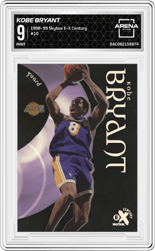 Kobe Bryant from the 1998-99 Skybox E-X Century set graded by Arena Club and given an overall grade of 9.