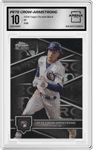 Pete Crow-Armstrong from the  2024 Topps Chrome Black set graded by Arena Club and given an overall grade of 10.