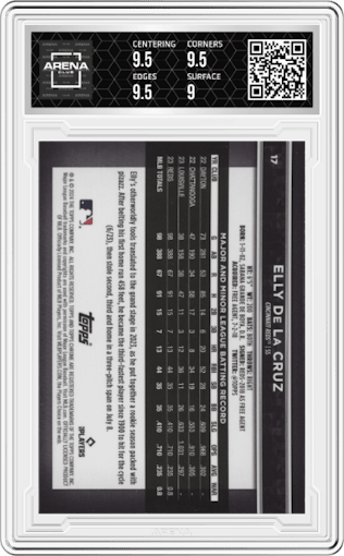 Elly De La Cruz from the  2024 Topps Chrome Black set graded by Arena Club and given an overall grade of 9.5.