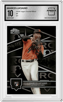 Marco Luciano from the  2024 Topps Chrome Black set graded by Arena Club and given an overall grade of 10.