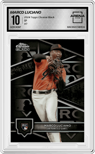 Marco Luciano from the  2024 Topps Chrome Black set graded by Arena Club and given an overall grade of 10.