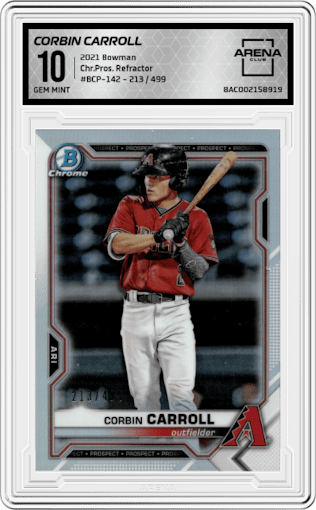 Corbin Carroll from the 2021 Bowman set featuring a Refractor parallel graded by Arena Club and given an overall grade of 10.