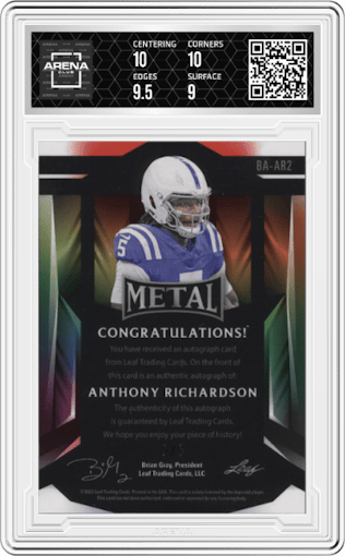 Anthony Richardson from the 2023 Leaf Metal set featuring a Black Prismatic parallel graded by Arena Club and given an overall grade of 9.5.