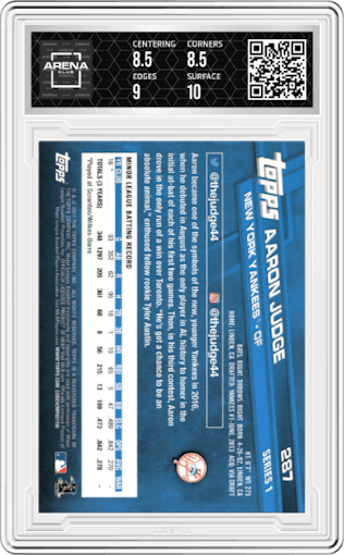 Aaron Judge from the 2017 Topps Series 1 set graded by Arena Club and given an overall grade of 9.
