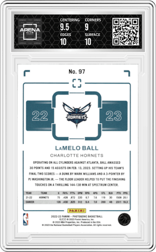 LaMelo Ball from the 2022-23 Panini Photogenic set featuring a Silver parallel graded by Arena Club and given an overall grade of 9.5.