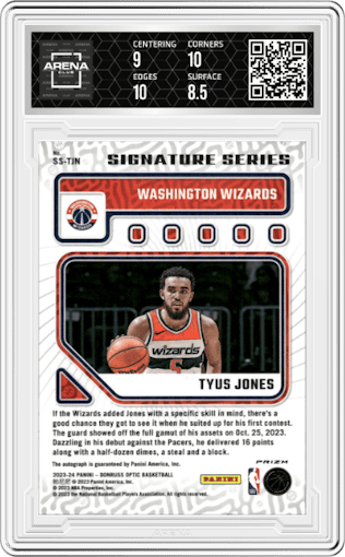 Tyus Jones from the 2023-24 Donruss Optic set featuring a Green parallel graded by Arena Club and given an overall grade of 9.