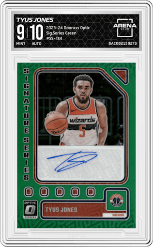 Tyus Jones from the 2023-24 Donruss Optic set featuring a Green parallel graded by Arena Club and given an overall grade of 9.
