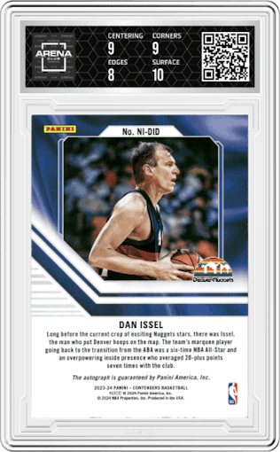 Dan Issel from the 2023-24 Panini Contenders set featuring a Bronze parallel graded by Arena Club and given an overall grade of 8.5.