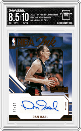Dan Issel from the 2023-24 Panini Contenders set featuring a Bronze parallel graded by Arena Club and given an overall grade of 8.5.