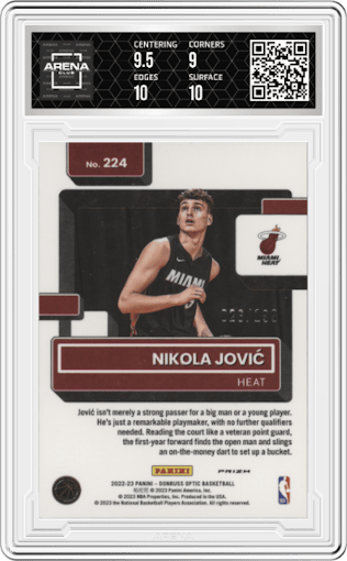 Nikola Jovic from the 2022-23 Panini Donruss Optic  set featuring a Orange parallel graded by Arena Club and given an overall grade of 9.5.