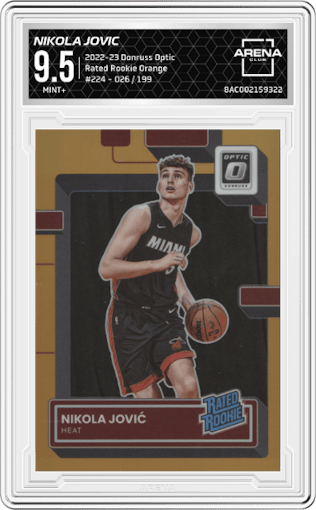 Nikola Jovic from the 2022-23 Panini Donruss Optic  set featuring a Orange parallel graded by Arena Club and given an overall grade of 9.5.