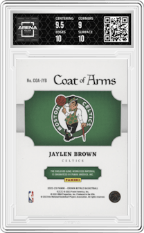 Jaylen Brown from the 2022-23 Panini Crown Royale set featuring a Prime parallel graded by Arena Club and given an overall grade of 9.5.