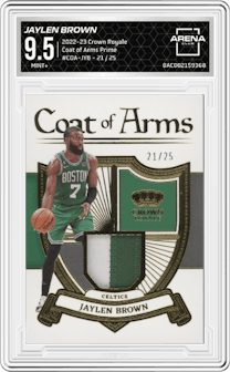 Jaylen Brown from the 2022-23 Panini Crown Royale set featuring a Prime parallel graded by Arena Club and given an overall grade of 9.5.