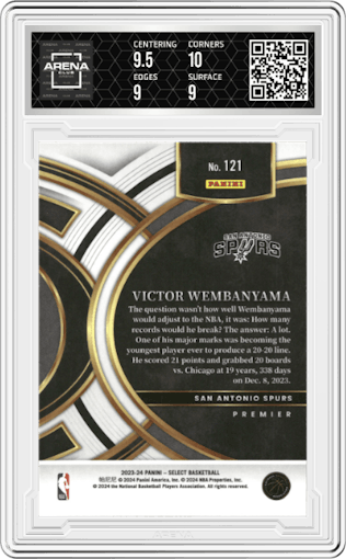Victor Wembanyama from the 2023-24 Panini Select  set graded by Arena Club and given an overall grade of 9.5.