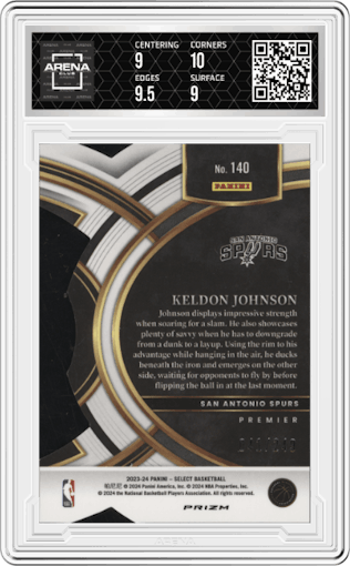 Keldon Johnson from the 2023-24 Panini Select  set featuring a Die-Cut Blue Prizm parallel graded by Arena Club and given an overall grade of 9.5.