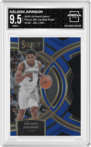 Keldon Johnson from the 2023-24 Panini Select  set featuring a Die-Cut Blue Prizm parallel graded by Arena Club and given an overall grade of 9.5.