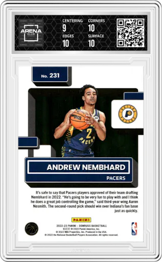 Andrew Nembhard from the 2022-23 Panini Donruss set featuring a Red Holo Laser parallel graded by Arena Club and given an overall grade of 9.5.