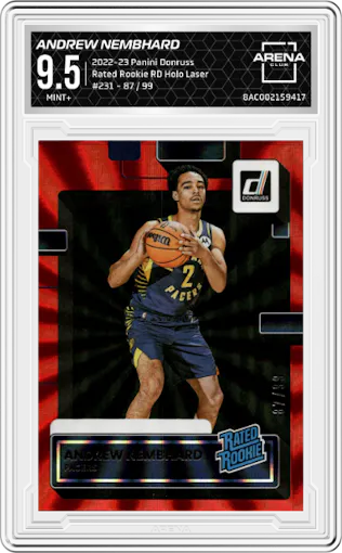 Andrew Nembhard from the 2022-23 Panini Donruss set featuring a Red Holo Laser parallel graded by Arena Club and given an overall grade of 9.5.
