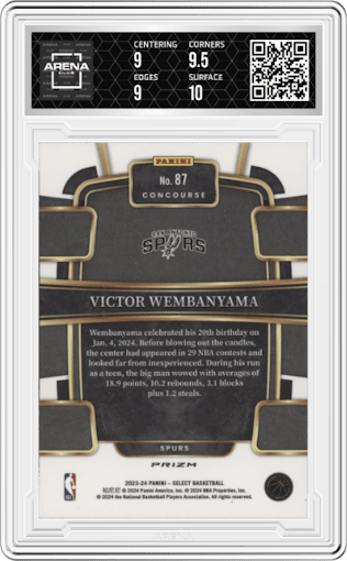 Victor Wembanyama from the 2023-24 Panini Select  set featuring a Blue Prizm parallel graded by Arena Club and given an overall grade of 9.5.