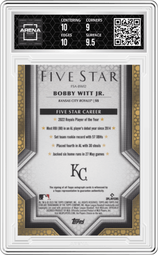 Bobby Witt Jr. from the 2023 Topps Five Star set featuring a Aqua parallel graded by Arena Club and given an overall grade of 9.5.