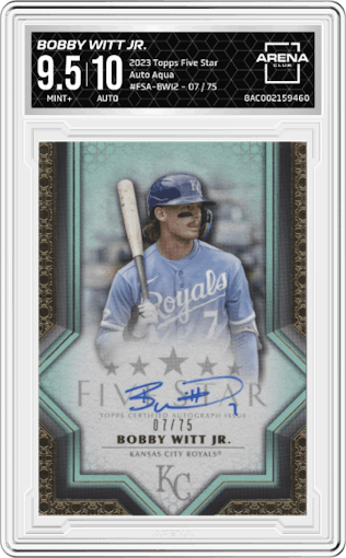 Bobby Witt Jr. from the 2023 Topps Five Star set featuring a Aqua parallel graded by Arena Club and given an overall grade of 9.5.