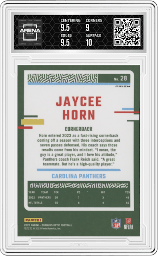 Jaycee Horn from the 2023 Donruss Optic set featuring a Holo parallel graded by Arena Club and given an overall grade of 9.5.