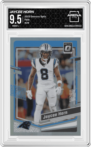 Jaycee Horn from the 2023 Donruss Optic set featuring a Holo parallel graded by Arena Club and given an overall grade of 9.5.