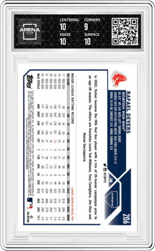 Rafael Devers from the 2023 Topps Chrome Logofractor Edition set featuring a Pink Refractor parallel graded by Arena Club and given an overall grade of 9.5.