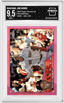 Rafael Devers from the 2023 Topps Chrome Logofractor Edition set featuring a Pink Refractor parallel graded by Arena Club and given an overall grade of 9.5.