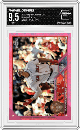 Rafael Devers from the 2023 Topps Chrome Logofractor Edition set featuring a Pink Refractor parallel graded by Arena Club and given an overall grade of 9.5.