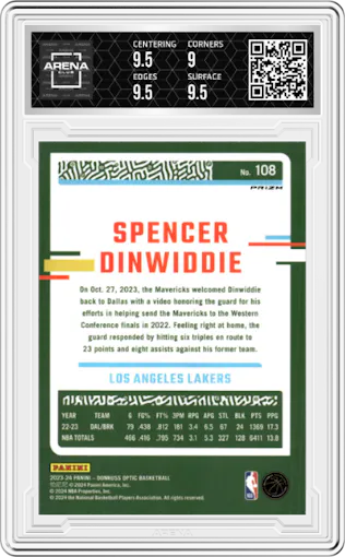 Spencer Dinwiddie from the 2023-24 Donruss Optic set featuring a Hyper Pink  parallel graded by Arena Club and given an overall grade of 9.5.