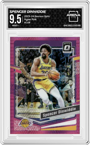 Spencer Dinwiddie from the 2023-24 Donruss Optic set featuring a Hyper Pink  parallel graded by Arena Club and given an overall grade of 9.5.