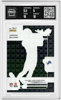Jameson Williams from the 2022 Clearly Donruss set featuring a Holo Mosaic parallel graded by Arena Club and given an overall grade of 9.5.