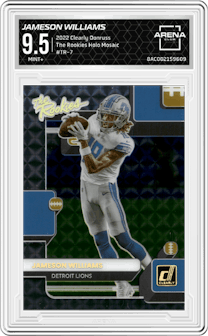 Jameson Williams from the 2022 Clearly Donruss set featuring a Holo Mosaic parallel graded by Arena Club and given an overall grade of 9.5.