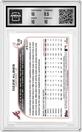 Ozzie Albies from the 2022 Topps Chrome Update set graded by Arena Club and given an overall grade of 10.