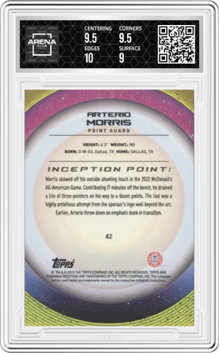 Arterio Morris from the 2022-23 Bowman University Inception set graded by Arena Club and given an overall grade of 9.5.