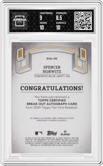 Spencer Horwitz from the 2024 Topps Tier One  set featuring a Blue Foil parallel graded by Arena Club and given an overall grade of 9.