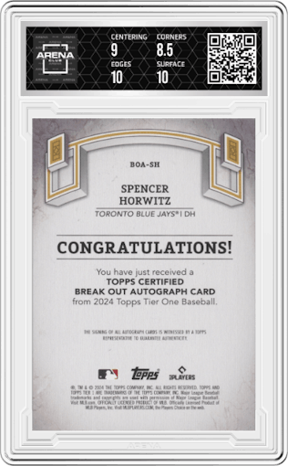 Spencer Horwitz from the 2024 Topps Tier One  set featuring a Blue Foil parallel graded by Arena Club and given an overall grade of 9.