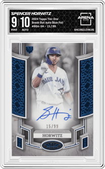 Spencer Horwitz from the 2024 Topps Tier One  set featuring a Blue Foil parallel graded by Arena Club and given an overall grade of 9.