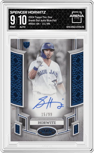 Spencer Horwitz from the 2024 Topps Tier One  set featuring a Blue Foil parallel graded by Arena Club and given an overall grade of 9.