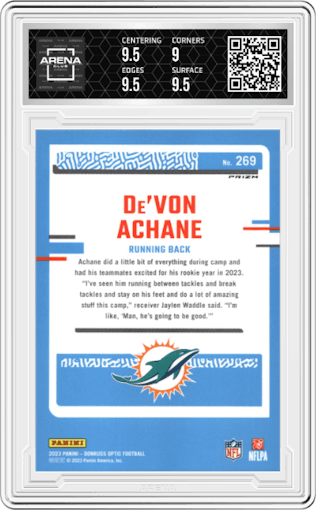 De'Von Achane from the 2023 Donruss Optic set featuring a Hyper Blue parallel graded by Arena Club and given an overall grade of 9.5.