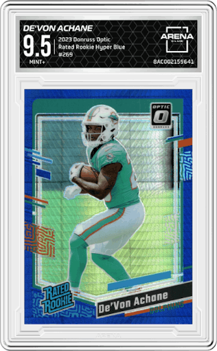 De'Von Achane from the 2023 Donruss Optic set featuring a Hyper Blue parallel graded by Arena Club and given an overall grade of 9.5.